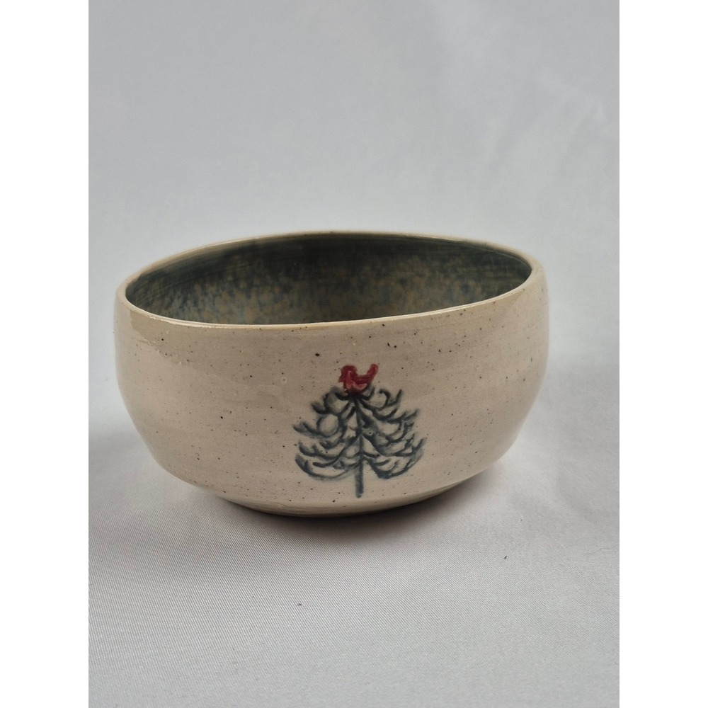 EMS Studio Pottery Stoneware Cardinal Pine Tree‎ Bowl Handmade Rustic Signed 4.5